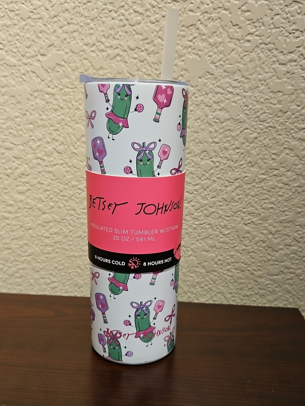Betsey Johnson Insulated Slim Tumbler With Straw - Pickles Playing Pickleball
